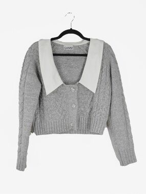 Ganni Chunky Cable-Knit Wool Blend Cropped Sweater Cardigan